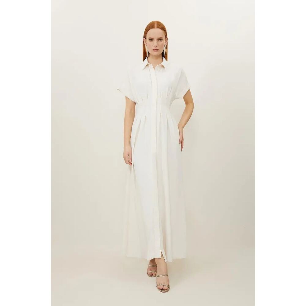 Karen Millen Soft Tailored Belted Darted Midi Shirt Dress Ivory 10